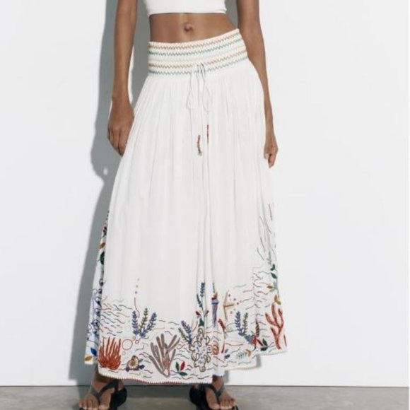 Zara Sea-Life Embroidered Long Cotton Skirt  Ecru XL - Picture 9 of 16